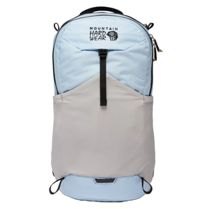 A two-tone backpack with light blue upper section and beige lower section, featuring a vertical strap and the Mountain Hardwear logo.