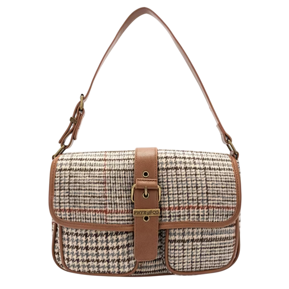 A plaid-patterned shoulder bag with brown leather accents, featuring a buckle closure and adjustable strap.