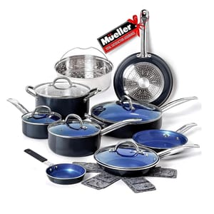 14-piece Mueller Non-Stick Cook Set with blue interior includes saucepans, frying pans, a sauté pan, a stockpot, a steamer insert, and matching lids. Features stainless steel handles and bases suitable for even heat distribution.