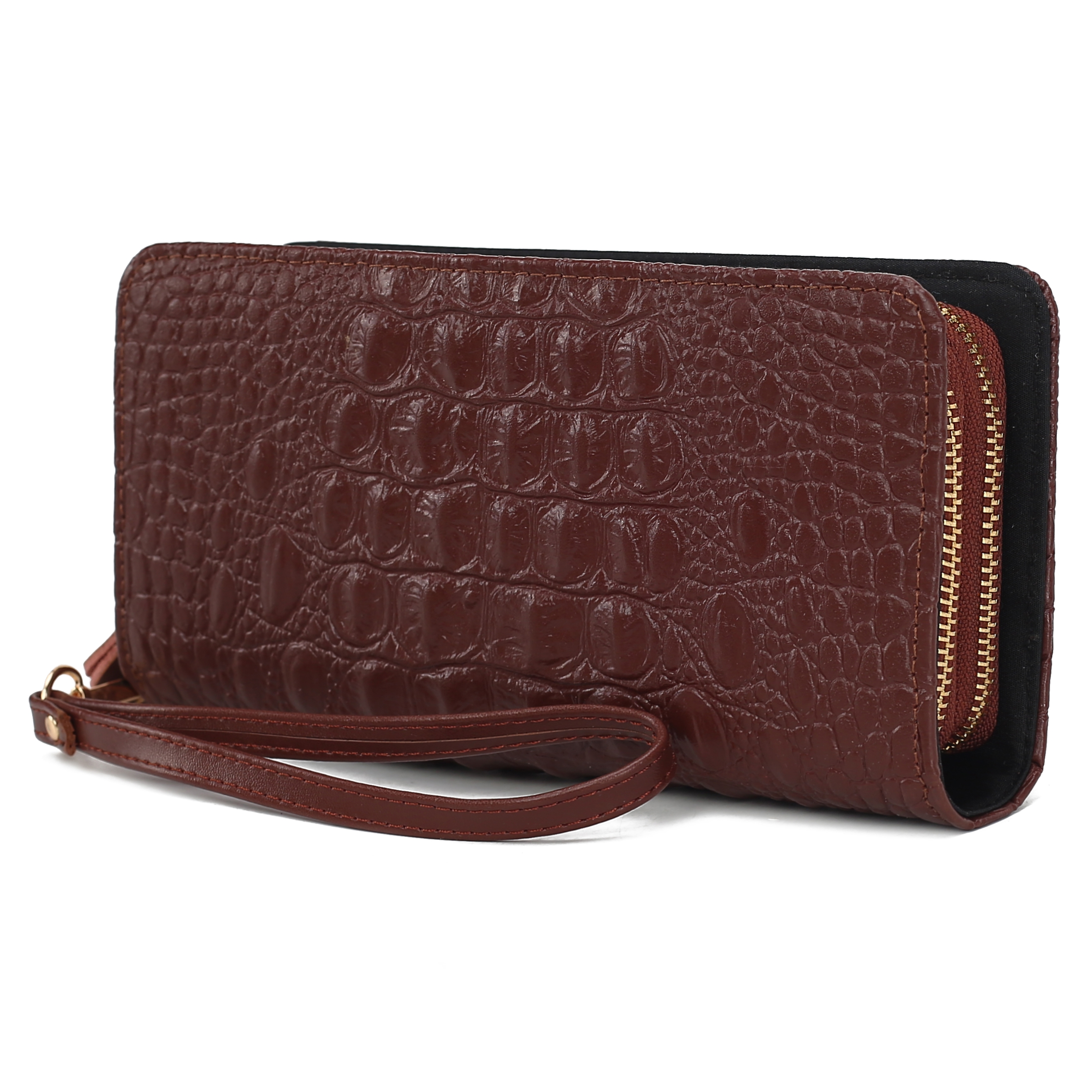 Brown crocodile-patterned wallet with a wrist strap and zippered compartments.