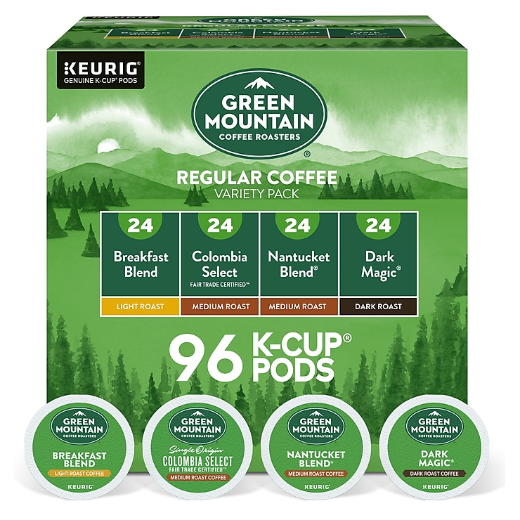 Green Mountain Coffee Roasters Regular Coffee Variety Pack with 96 K-Cup pods, including Breakfast Blend, Colombia Select, Nantucket Blend, and Dark Magic.