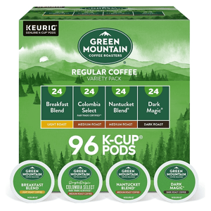 Green Mountain Coffee Roasters Regular Coffee Variety Pack with 96 K-Cup pods, including Breakfast Blend, Colombia Select, Nantucket Blend, and Dark Magic.