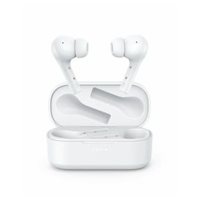 White wireless earbuds with a charging case are displayed.