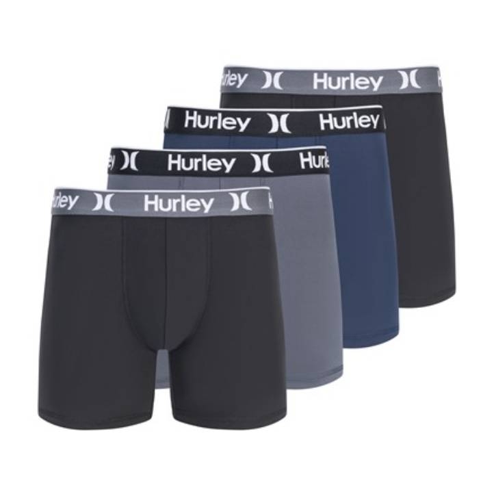 Four pairs of Hurley boxer briefs in black, grey, and navy, each featuring a branded waistband with the Hurley logo in white.