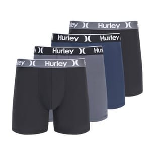 Four pairs of Hurley boxer briefs in black, grey, and navy, each featuring a branded waistband with the Hurley logo in white.