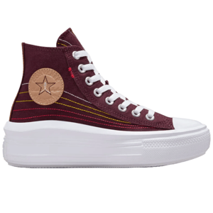 High-top Converse sneakers in burgundy feature a star logo on the side, white laces, and a thick white platform sole. The design includes distinctive yellow and red stitching, adding a western-inspired detail.