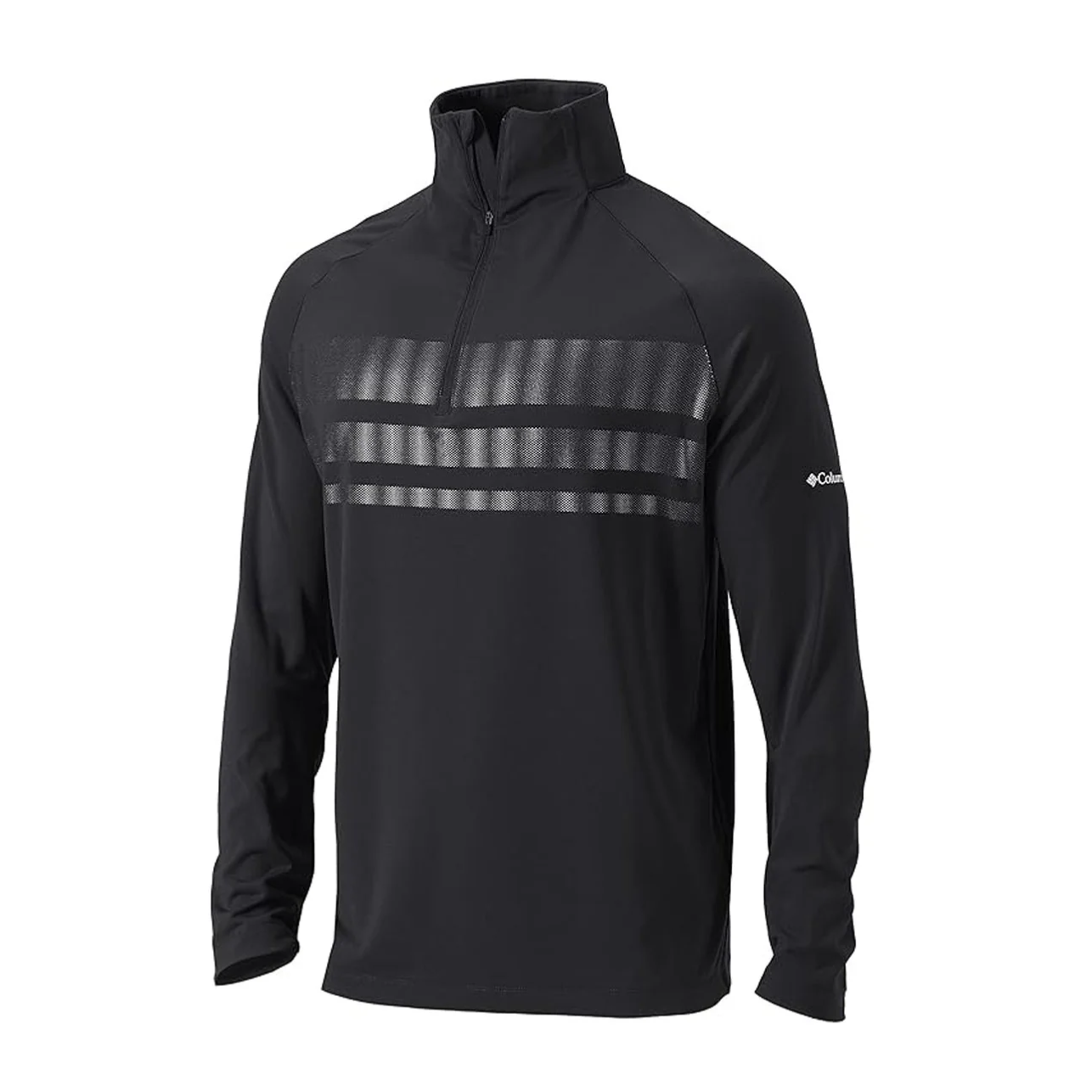 A black Columbia long-sleeve pullover with a quarter-zip and three gray horizontal stripes across the chest.