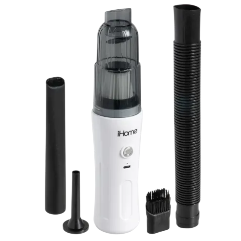 Cordless handheld vacuum cleaner by iHome with multiple attachments, including a crevice tool, brush, and hose.