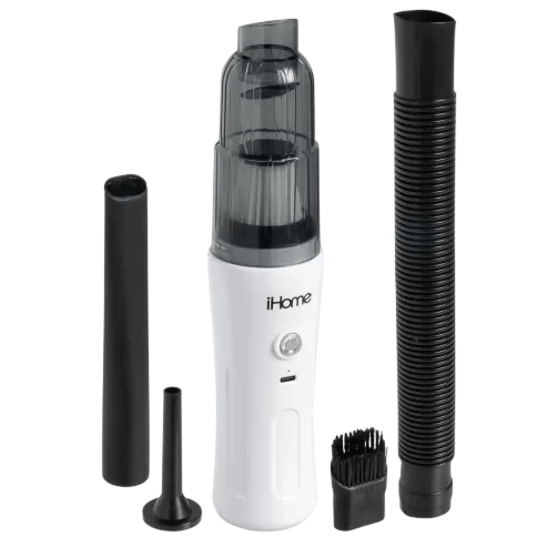 Cordless handheld vacuum cleaner by iHome with multiple attachments, including a crevice tool, brush, and hose.