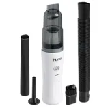 Cordless handheld vacuum cleaner by iHome with multiple attachments, including a crevice tool, brush, and hose.