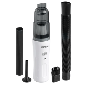 Cordless handheld vacuum cleaner by iHome with multiple attachments, including a crevice tool, brush, and hose.