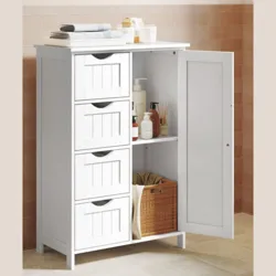 A white cabinet with four drawers and a tall cabinet door displays neatly folded towels, various bottles of toiletries, and a basket.