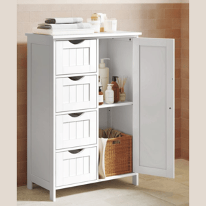A white cabinet with four drawers and a tall cabinet door displays neatly folded towels, various bottles of toiletries, and a basket.