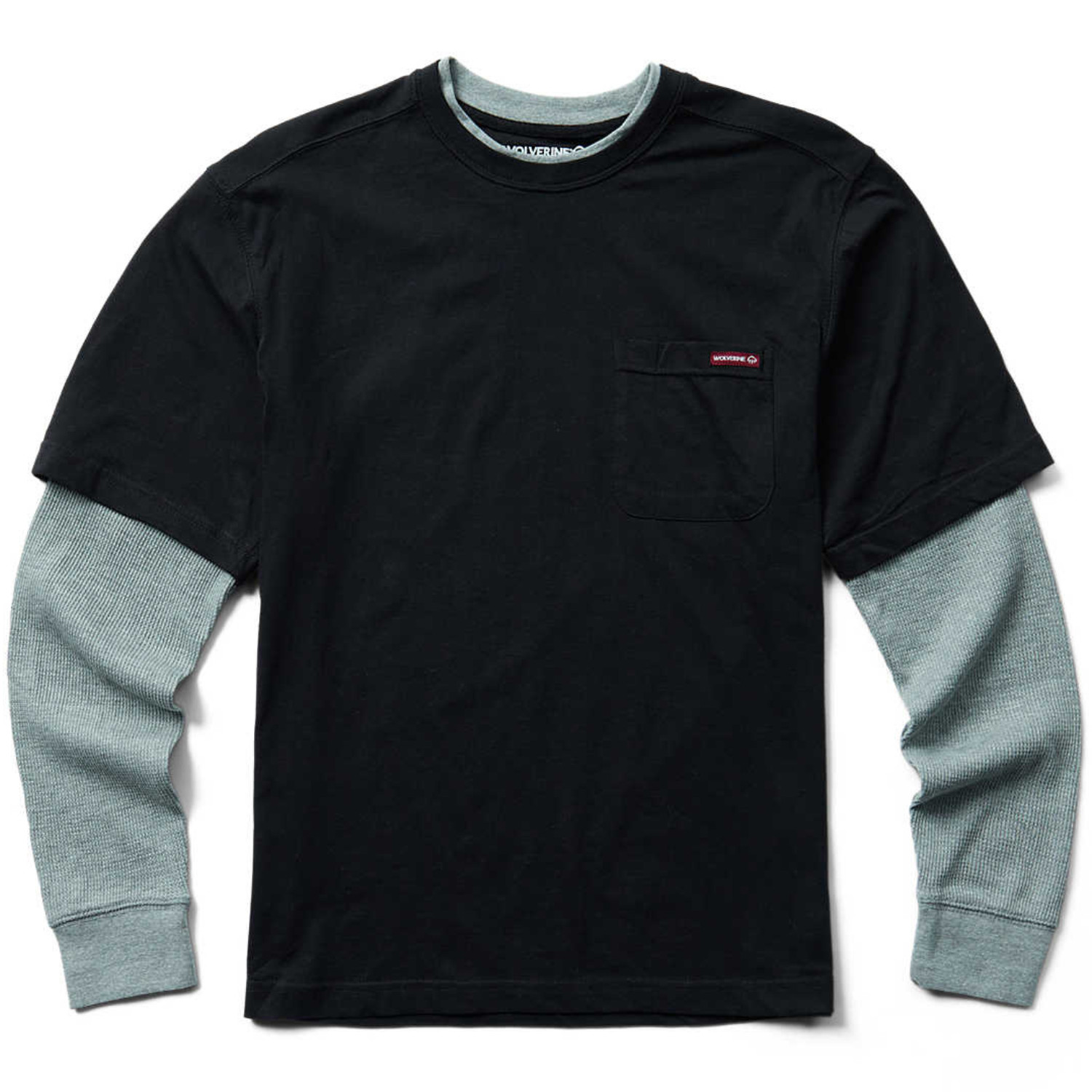 A black crewneck t-shirt with a pocket, layered over light gray long sleeves, creating a double-layer look.