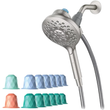 A showerhead with replaceable scent pods is shown, featuring a hand-held design and flexible hose, along with various pods in different colors.