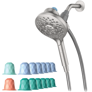 A showerhead with replaceable scent pods is shown, featuring a hand-held design and flexible hose, along with various pods in different colors.