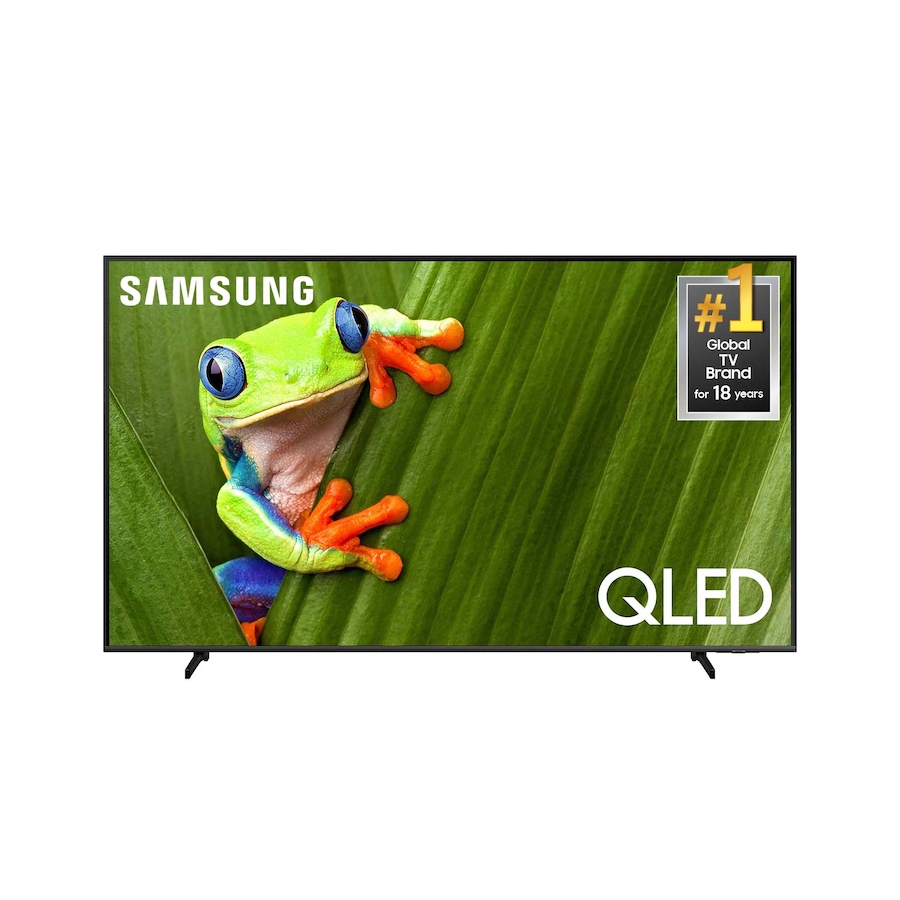 Samsung QLED TV featuring a vibrant image of a colorful frog on a green leaf, with a \“#1 Global TV Brand for 18 years\“ label.