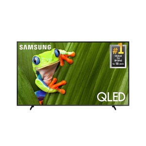 Samsung QLED TV featuring a vibrant image of a colorful frog on a green leaf, with a \“#1 Global TV Brand for 18 years\“ label.
