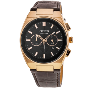 A Citizen Eco-Drive chronograph watch with a black dial, gold-tone case, and three subdials. It features a brown leather band, rose gold-tone hour markers, and luminescent hands.