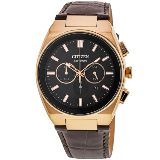 A Citizen Eco-Drive chronograph watch with a black dial, gold-tone case, and three subdials. It features a brown leather band, rose gold-tone hour markers, and luminescent hands.