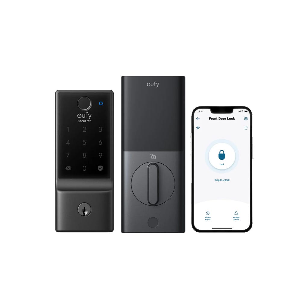 Eufy smart lock system with a keypad, indoor module, and smartphone app interface for remote control.
