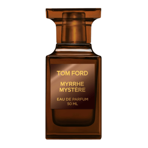 Tom Ford Myrrhe Mystère Eau de Parfum, 50 ml, in a brown glass bottle with a rectangular shape.