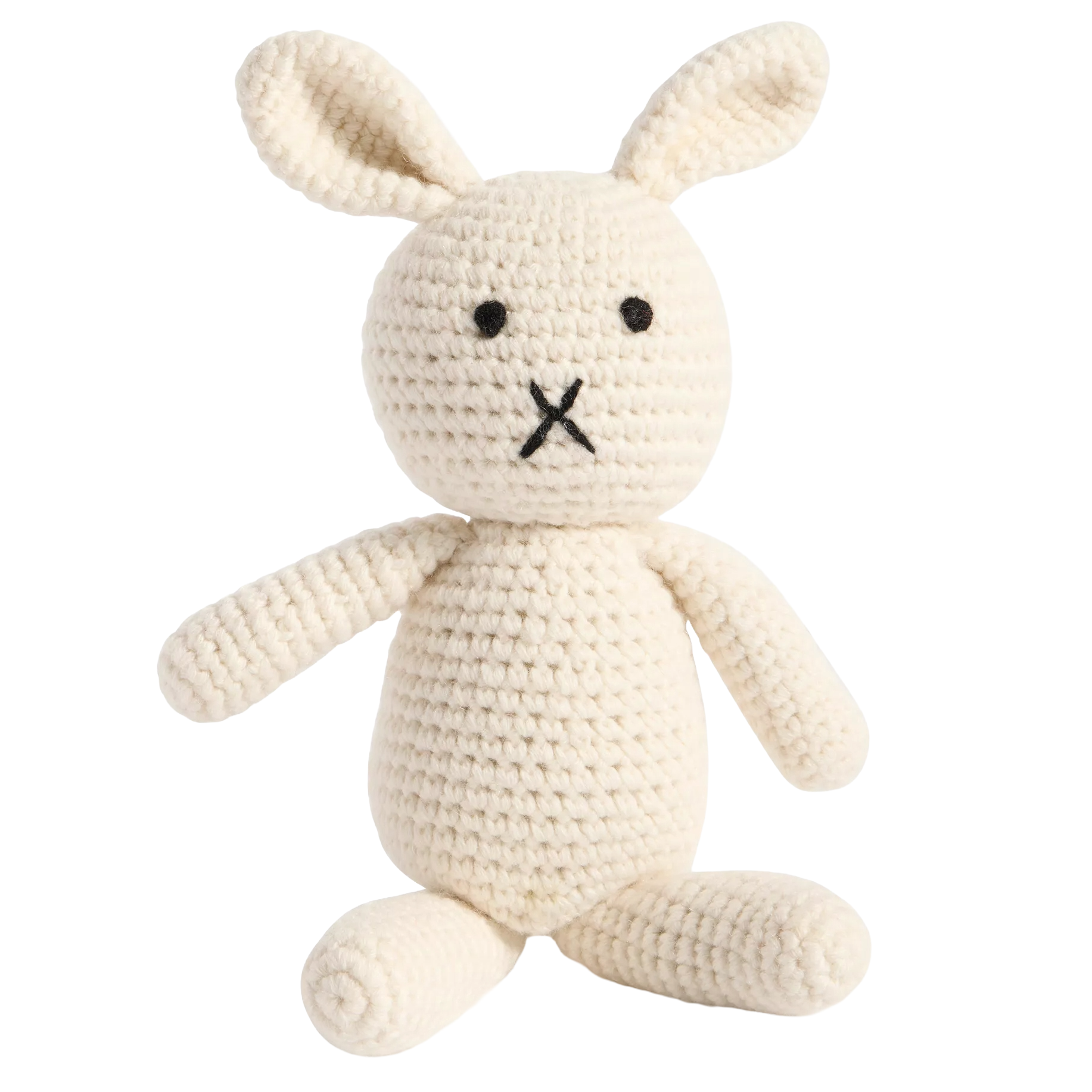 A crocheted stuffed rabbit with elongated ears, featuring simple black embroidered eyes and a cross-stitched mouth.