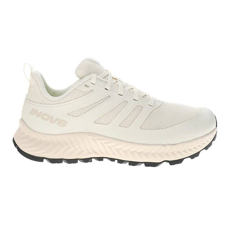 A white athletic shoe with a breathable mesh upper, featuring \“INOVE\“ branding on the side. It has a textured sole for traction.