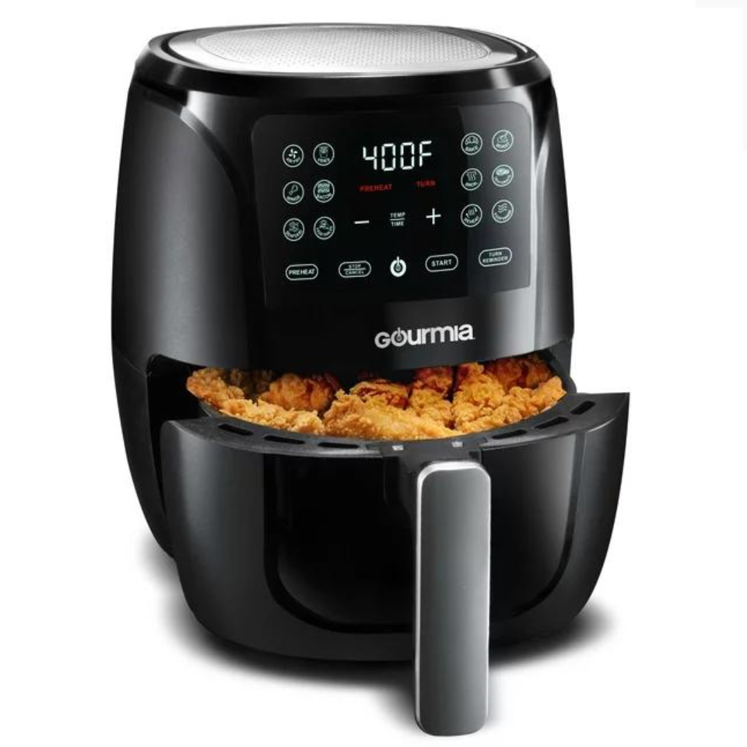 A black Gourmia air fryer with a digital control panel displaying 400F, partially open with crispy fried food inside.