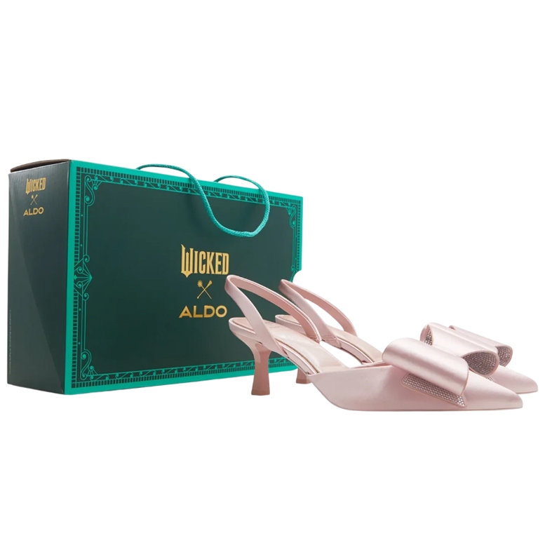 Aldo X Wicked pink pumps feature a pointed toe, elegant slingback design, and a decorative bow on the front. They come with a stylish green Wicked x Aldo box.