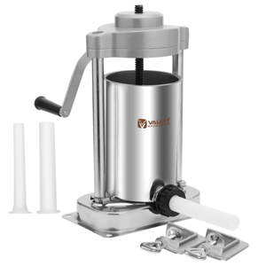Sausage stuffer with a hand crank, two white nozzles, a metal body, and a logo \“Valley\“ on the side. Comes with two securing clamps for stability during use.