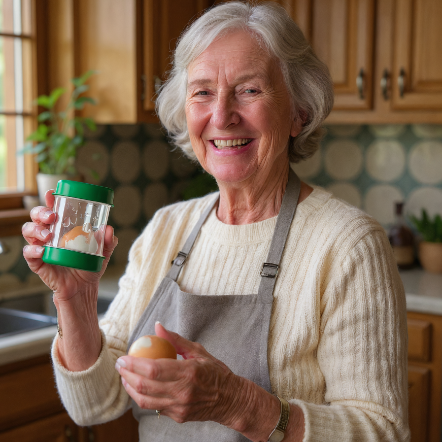 An elderly woman in a kitchen smiles while holding an egg and a green egg scrambler/shaker.