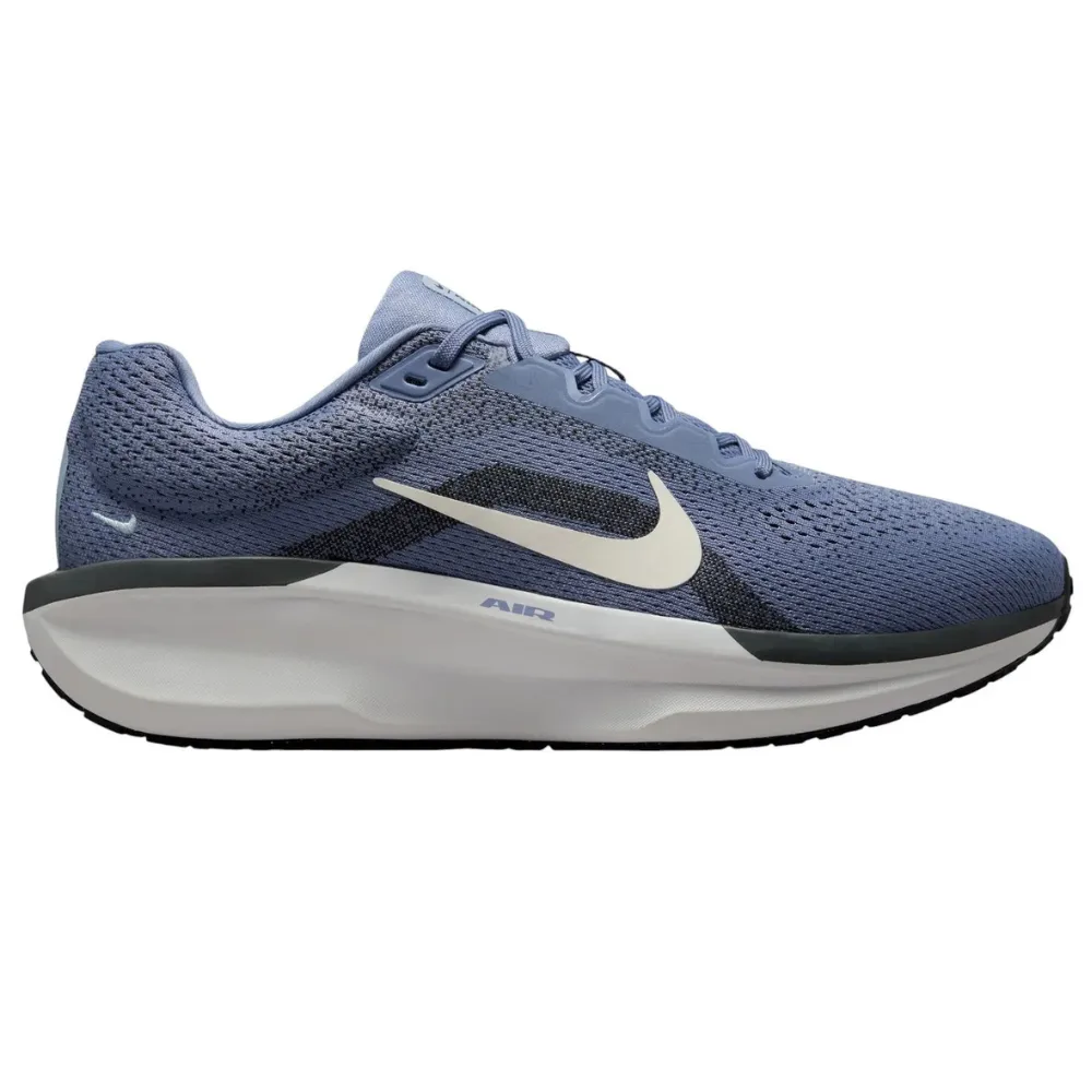 A blue Nike running shoe featuring a white swoosh logo, mesh upper for breathability, and cushioned sole for comfort.