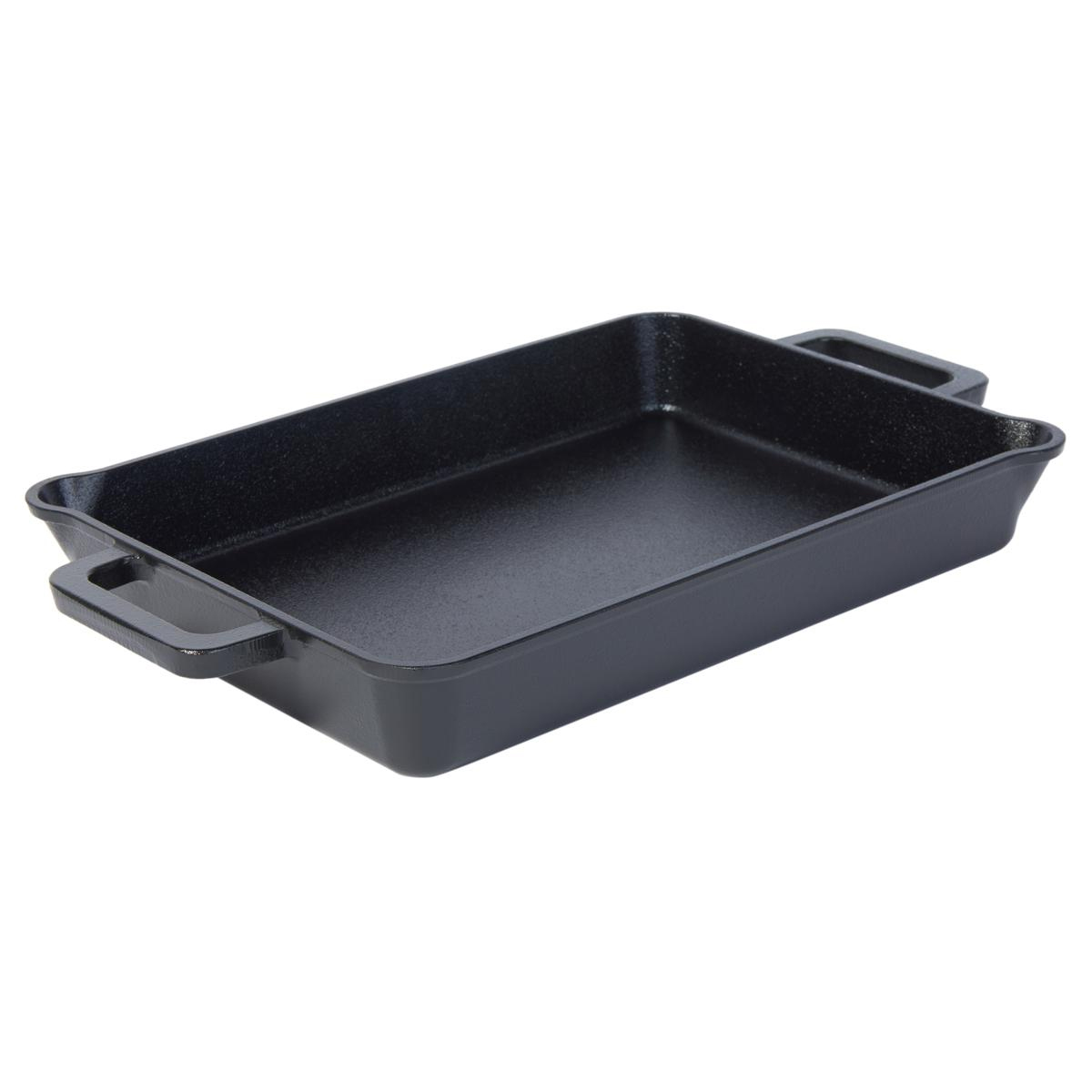 A rectangular black cast-iron baker with two side handles, featuring a smooth, slightly rounded interior suitable for baking or roasting.