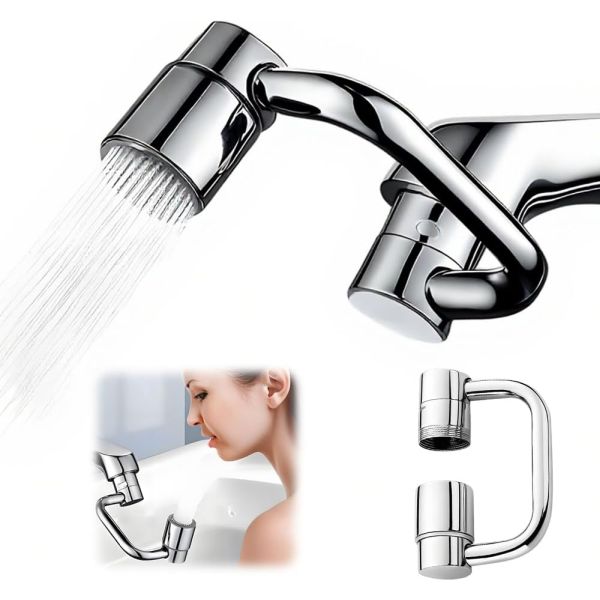 Chrome-plated faucet attachment with a rotating shower nozzle, allowing dual water flow for washing or rinsing. Includes a close-up of a person using the attachment in a sink, and a side view of the product's shape.