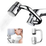 Chrome-plated faucet attachment with a rotating shower nozzle, allowing dual water flow for washing or rinsing. Includes a close-up of a person using the attachment in a sink, and a side view of the product's shape.