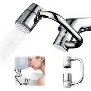 Chrome-plated faucet attachment with a rotating shower nozzle, allowing dual water flow for washing or rinsing. Includes a close-up of a person using the attachment in a sink, and a side view of the product's shape.