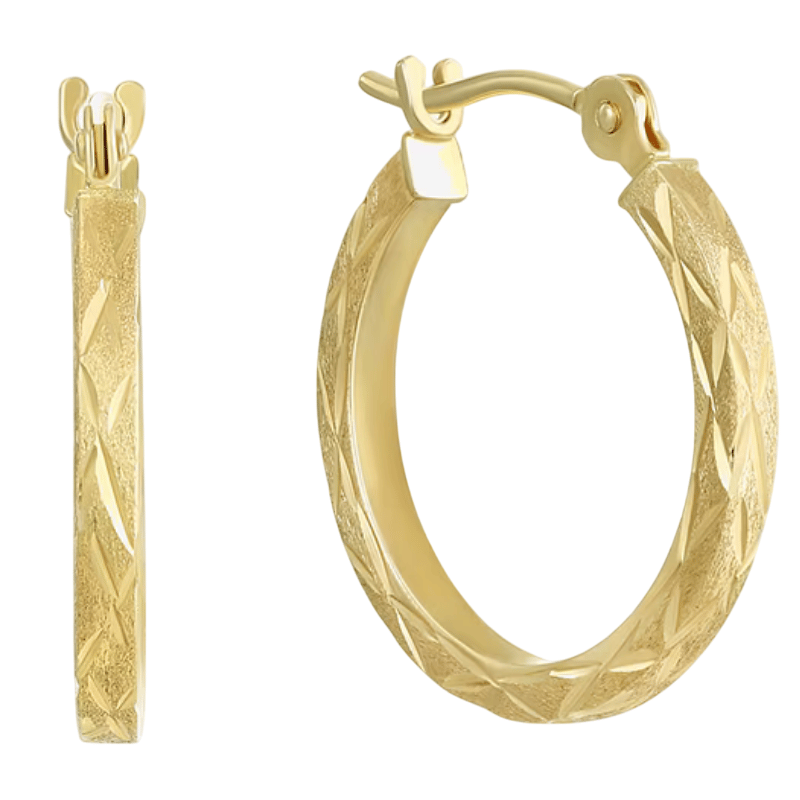 Gold hoop earrings with a textured, crisscross pattern and secure latch back closure.