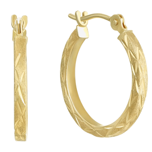 Gold hoop earrings with a textured, crisscross pattern and secure latch back closure.