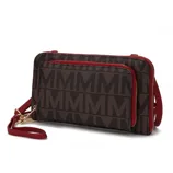 A brown and red wristlet wallet with large \“M\“ pattern, featuring multiple zippered compartments and a detachable strap.