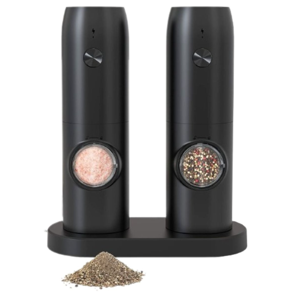 A set of two black electric grinders, one containing pink Himalayan salt and the other mixed peppercorns, placed on a charging dock. A small pile of ground pepper is in front of the set.