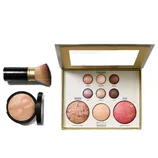 Laura Geller Baked Starter Kit includes a palette with multiple baked eyeshadows and face powders, a round compact with a marbled powder, and a kabuki brush.