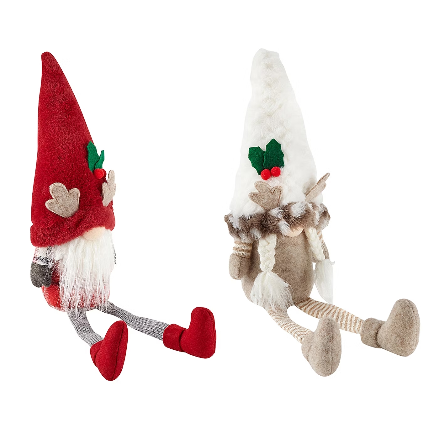 Two festive gnomes with elongated hats and reindeer antlers; one gnome has a red hat, gray legs, and red shoes, while the other has a white hat, beige body, and striped legs. Both feature green and red holly accents.