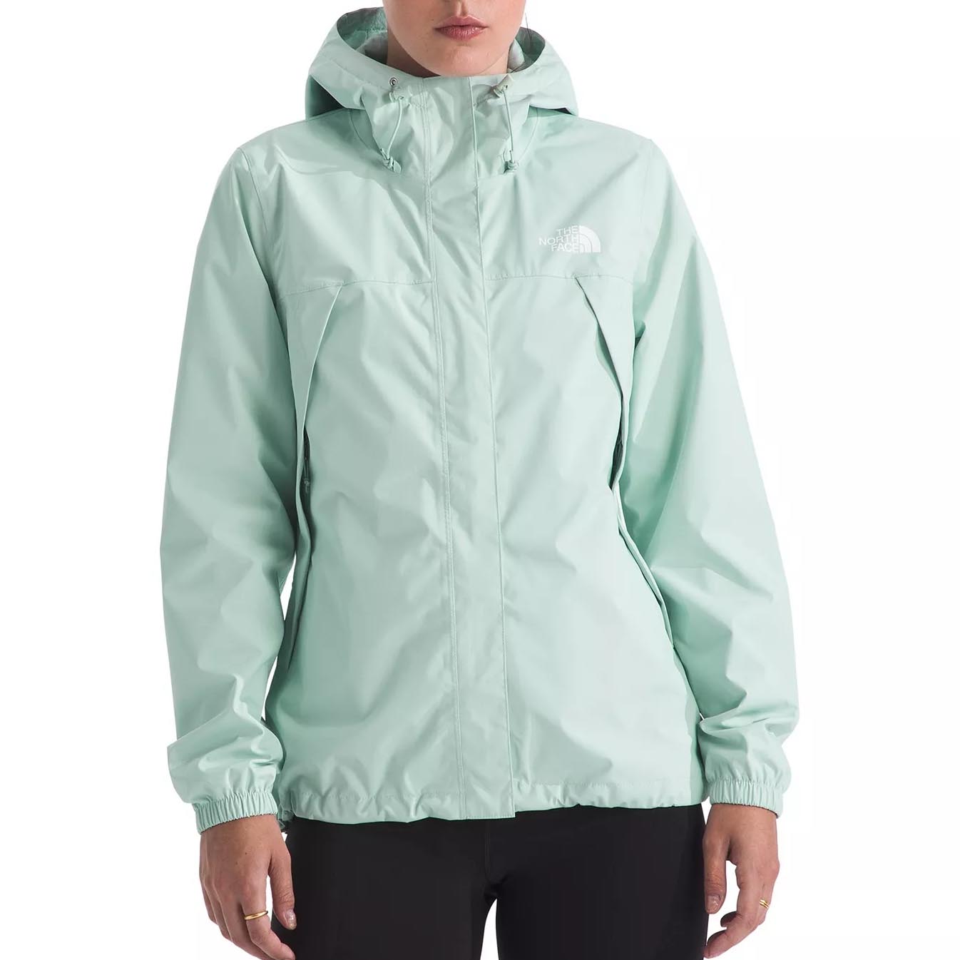 A light mint green hooded North Face jacket with a full front zipper and elastic cuffs, suitable for outdoor activities.