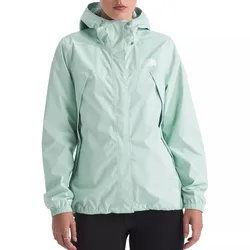 A light mint green hooded North Face jacket with a full front zipper and elastic cuffs, suitable for outdoor activities.