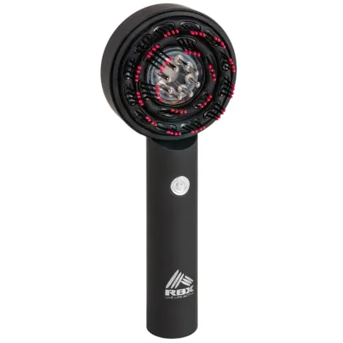 Black handheld massage device with a circular head, featuring red accents and a button on the handle. Branding reads \“RBX\“ with a logo underneath.