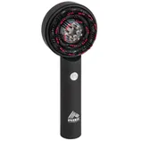 Black handheld massage device with a circular head, featuring red accents and a button on the handle. Branding reads \“RBX\“ with a logo underneath.