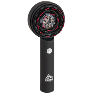 Black handheld massage device with a circular head, featuring red accents and a button on the handle. Branding reads \“RBX\“ with a logo underneath.