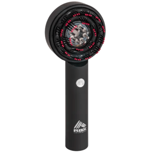 Black handheld massage device with a circular head, featuring red accents and a button on the handle. Branding reads \“RBX\“ with a logo underneath.