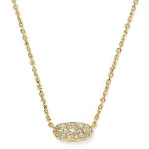 Gold necklace featuring a short chain with an oval pendant adorned with clear, sparkling accents arranged in a floral pattern.